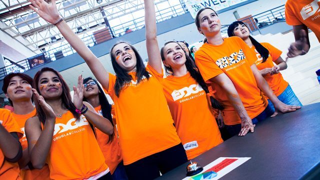 A group of students having fun at Edge, a new student orientation event at Douglas College.