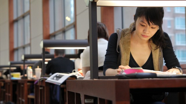 A woman studies intently at a library table, surrounded by books. Soft lighting and large windows create a focused, scholarly atmosphere. Others work in the background.