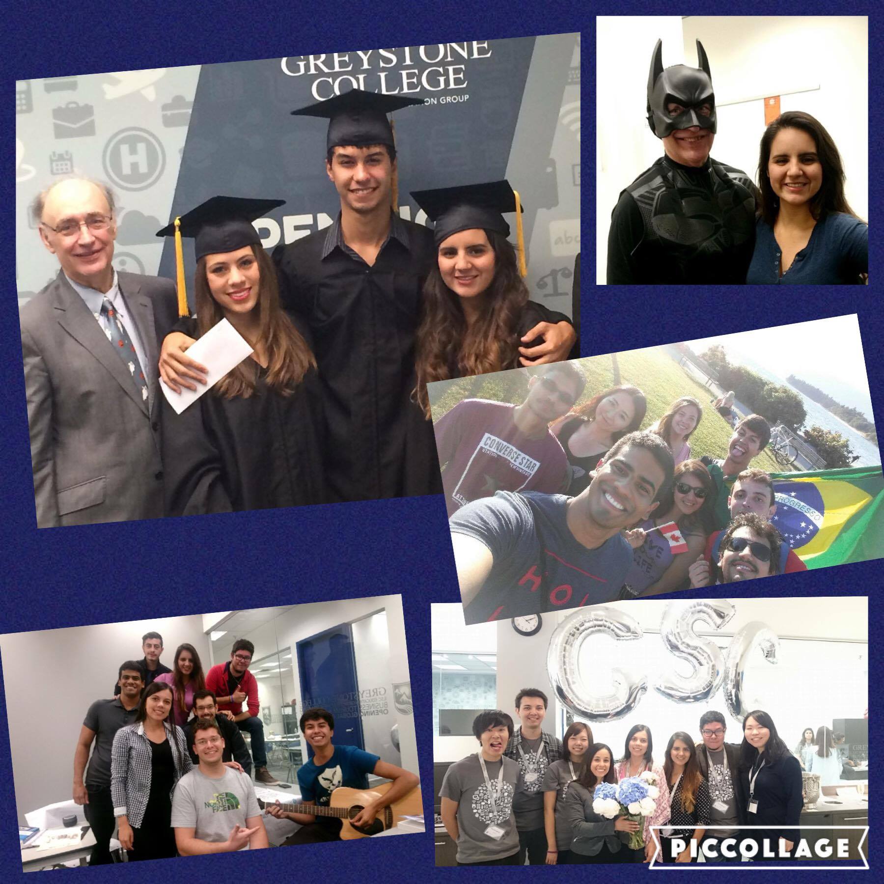 A collage of cheerful moments featuring a graduation at Greystone College, a person in a Batman costume, a group outdoors with Brazil and Canada flags, a classroom guitar session, and a team posing with 