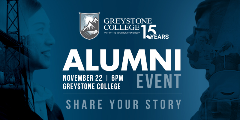 Blue-tinted promo for Greystone College's 15th Anniversary Alumni Event. Features two silhouette profiles facing each other. Text: 
