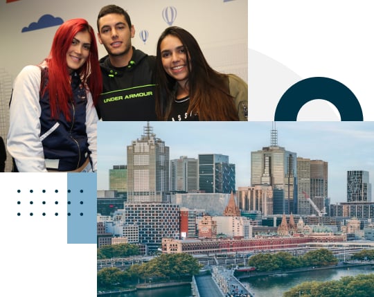 Collage image including Melbourne city picture, and three business students studying at Greystone College Melbourne VET college