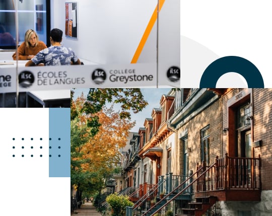 Montreal collage, city street with brownstones, College Greystone Montreal classroom.  Study business or digital marketing at a career college in Montreal 