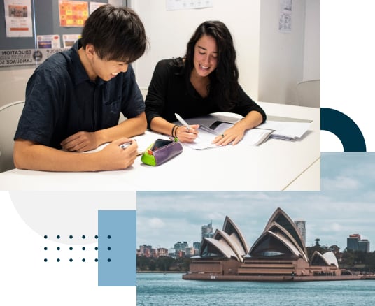 Collage of photos, Sydney opera house, and two international students studying business at Greystone College Sydney