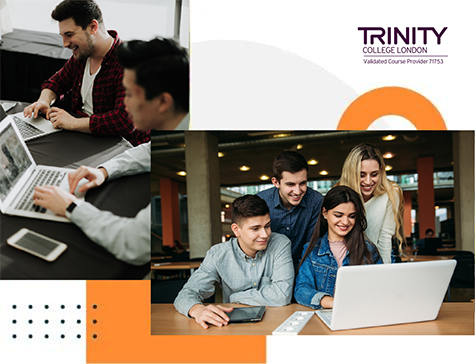 a photo collage of ILSC australia CELTA and trinity college certTESOL students studying on a laptop