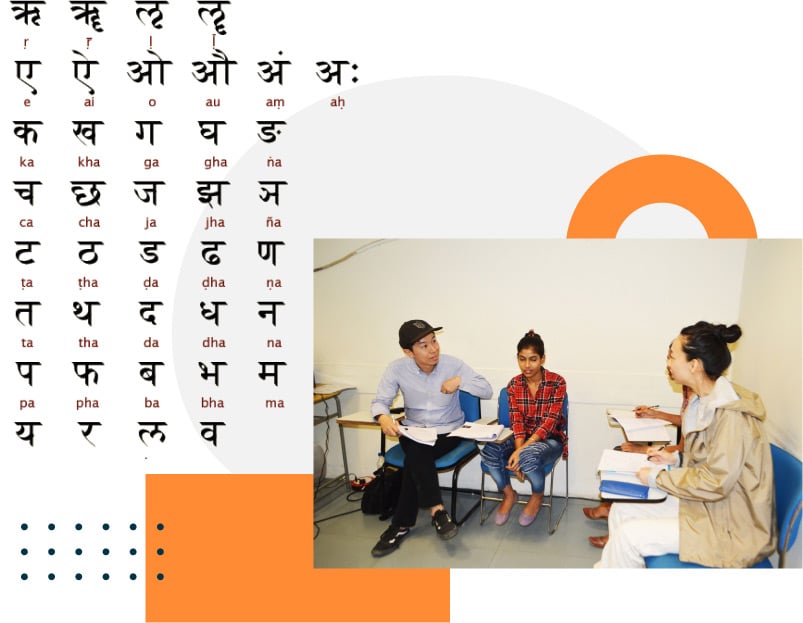 Hindi Communication Certificate image collage of hindi script and classroom photo with four students at ILSC New Delhi