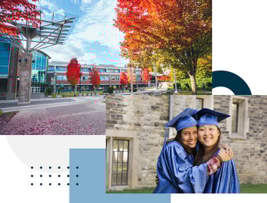 collage of images. one college campus photo. One photo of two women international students in blue graduation caps and gowns. Study at Greystone College Canada and earn transfer credits for a bachelor's degree at Canadian universities.