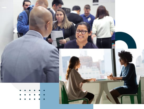 Collage image - Photo of student and business owner talking during a career fair with other students in background. Photo of two women in an interview setting. Take a co-op or practicum program in Canada.